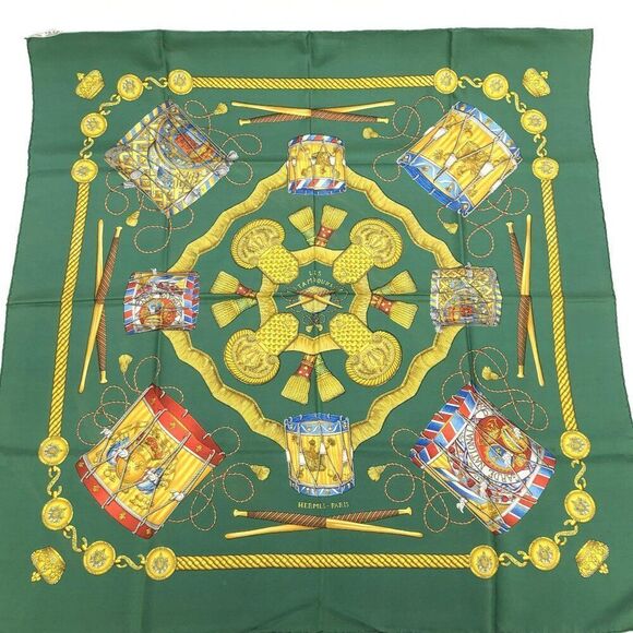Hermès Green & Multicolor 'Les Tambours' Silk Scarf 90 - Picture 1 of 11